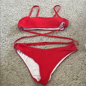 Red Ribbed Bikini Set